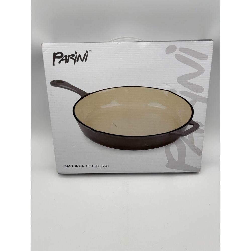 Cast Iron Enamel Coated Fry Pan 12in Gray Cream Dbl Handle Pour Lip Parini NIB